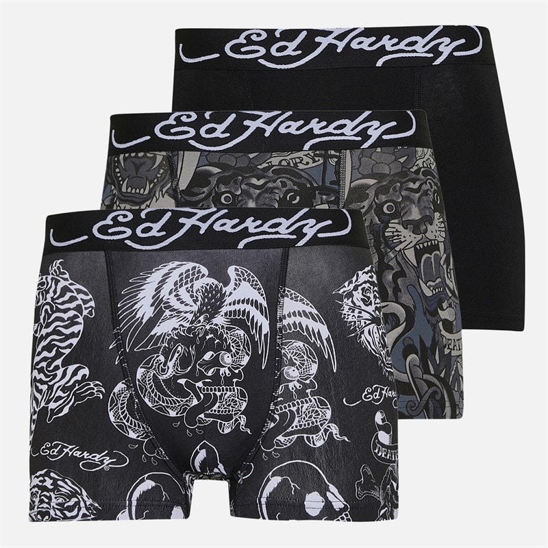 Ed Hardy Mens Greenbrow Three Pack Boxer Shorts Black Black Aop/Black/Black Aop