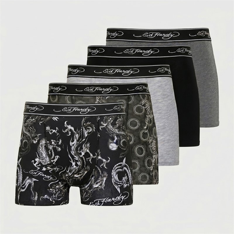 Ed Hardy Mens Daxin Five Pack Boxers Black/Charcoal/Grey - Image 1