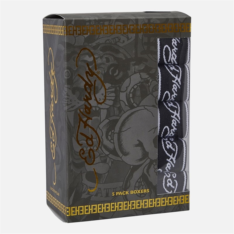 Ed Hardy Mens Daxin Five Pack Boxers Black/Charcoal/Grey - Image 4