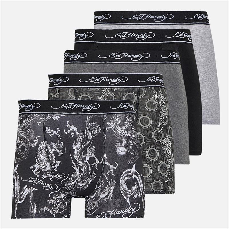 Ed Hardy Mens Daxin Five Pack Boxers Black/Charcoal/Grey - Image 5