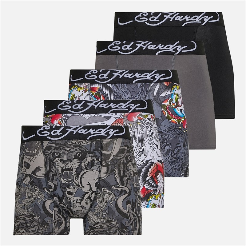Ed Hardy Mens Aravos Five Pack Boxers White Aop/Black Aop/Black/Coal - Image 1