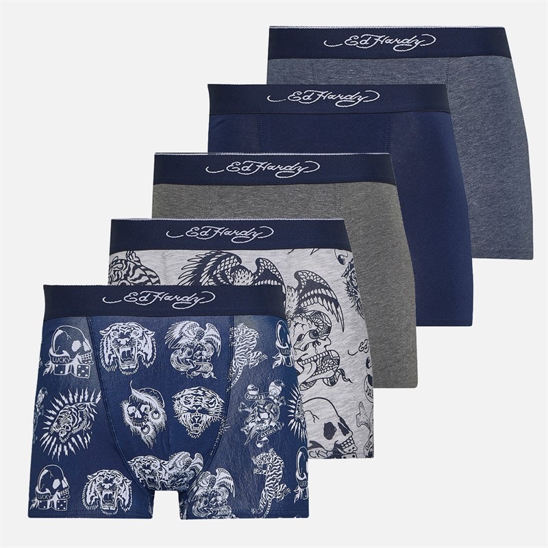 Ed Hardy Mens Lonty Five Pack Boxers Grey Marl/Navy/Charcoal