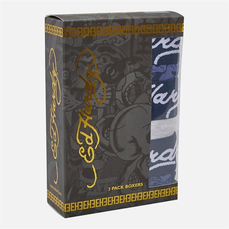 Ed Hardy Mens Lancel Three Pack Boxer Shorts Navy AOP/Grey - Image 5