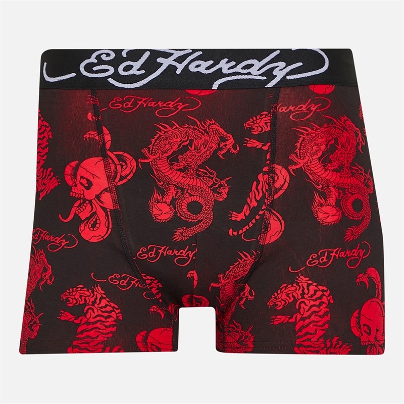 Ed Hardy Mens Athieu Five Pack Boxer Shorts Black AOP/Grey Marl/Black AOP/Black/Red - Image 4