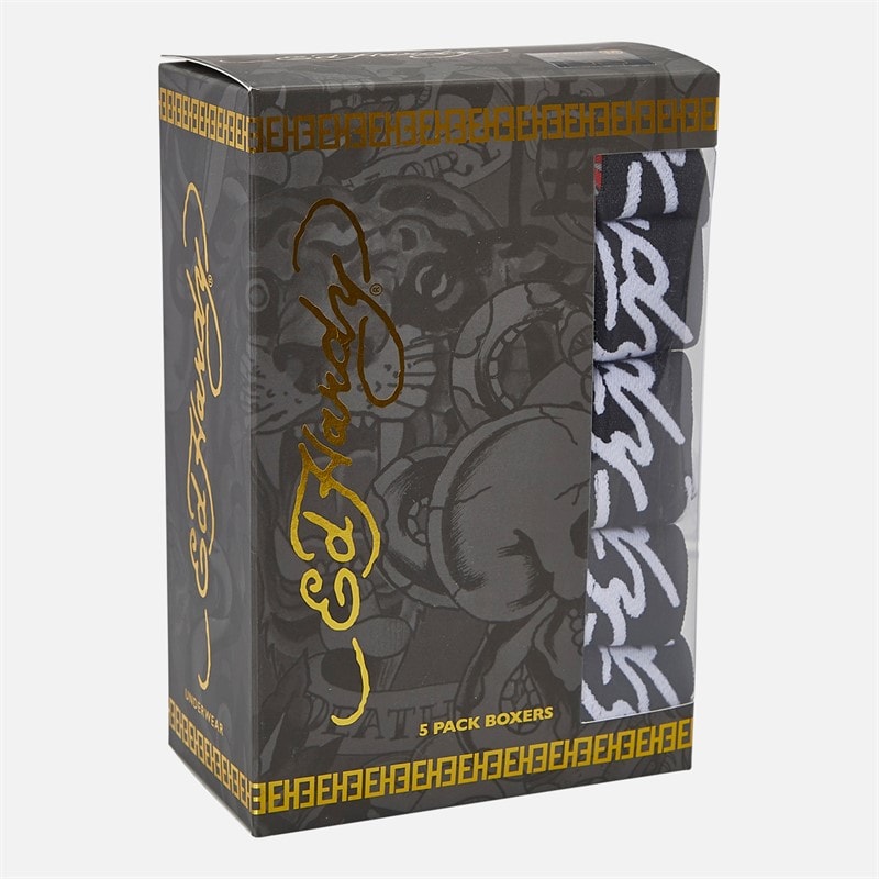 Ed Hardy Mens Athieu Five Pack Boxer Shorts Black AOP/Grey Marl/Black AOP/Black/Red - Image 5