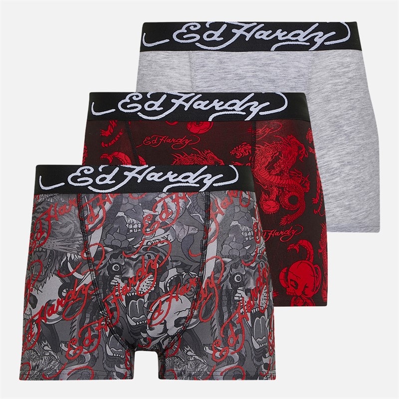 Ed Hardy Mens Rhasto Three Pack Boxers Black AOP/Grey Marl