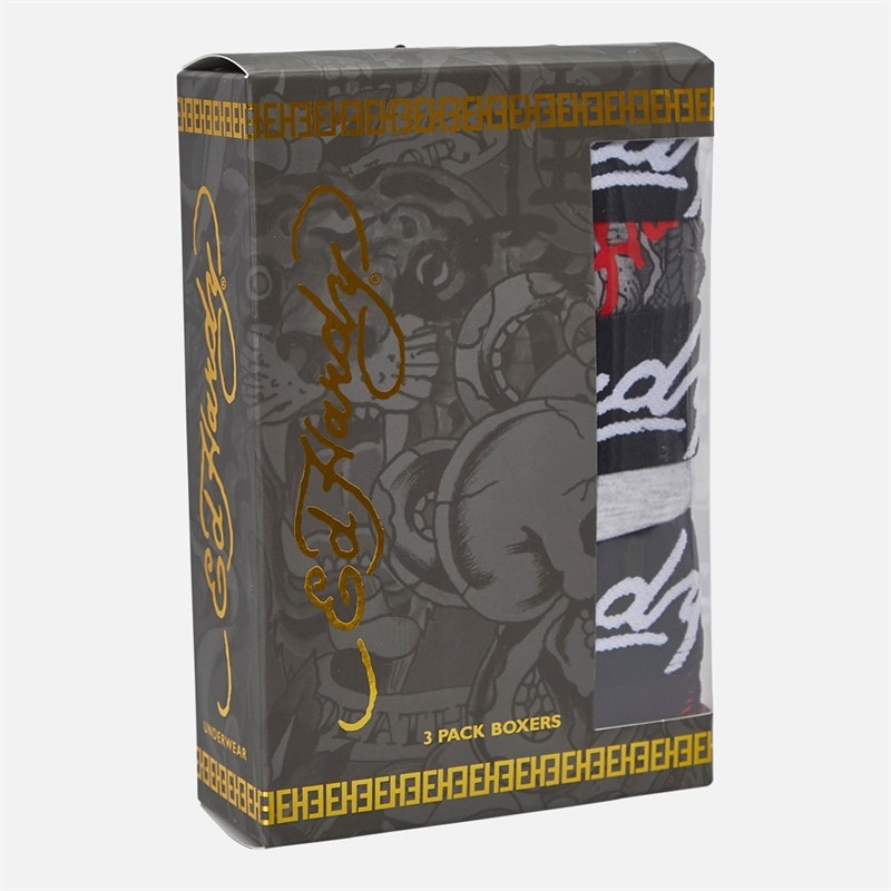 Ed Hardy Mens Rhasto Three Pack Boxers Black AOP/Grey Marl - Image 2
