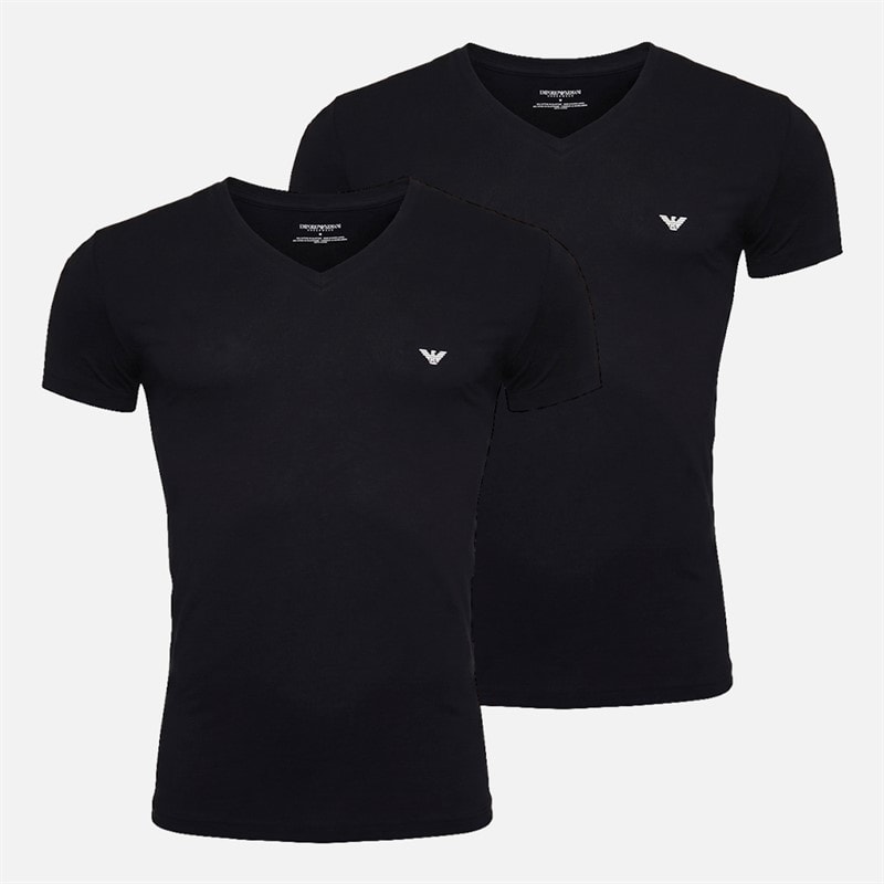 Emporio Armani Mens Two Pack V-Neck T-Shirts Black/Black Grey Logo