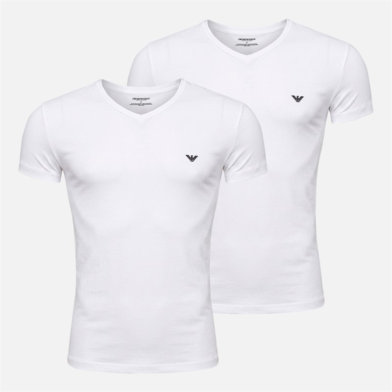 Emporio Armani Mens Two Pack V Neck T-Shirts White/White Blue Logo