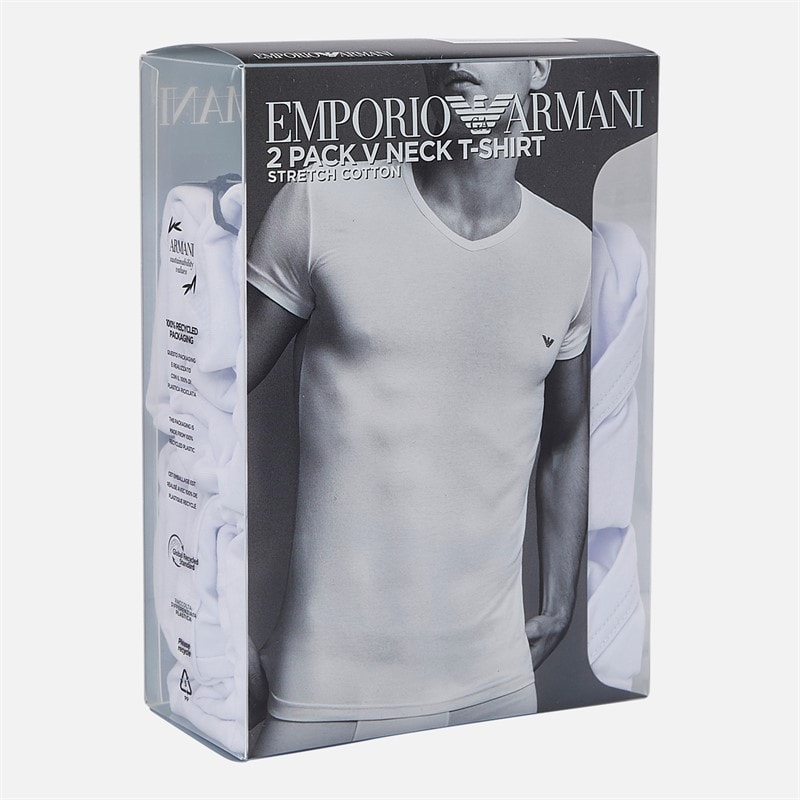 Emporio Armani Mens Two Pack V Neck T-Shirts White/White Blue Logo - Image 2