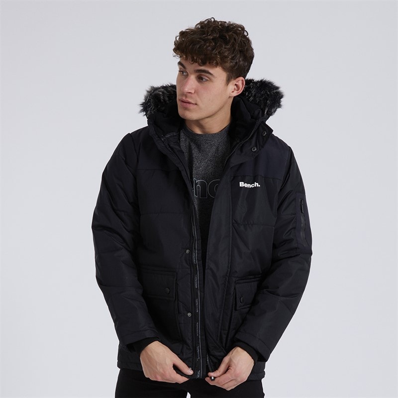 Bench Mens Tillor Fur Trim Hooded Padded Ripstop Parka Black