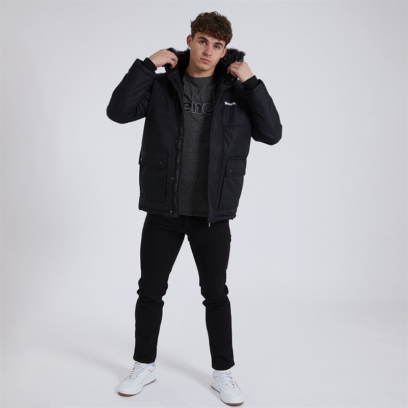 Bench Mens Tillor Fur Trim Hooded Padded Ripstop Parka Black - Image 3