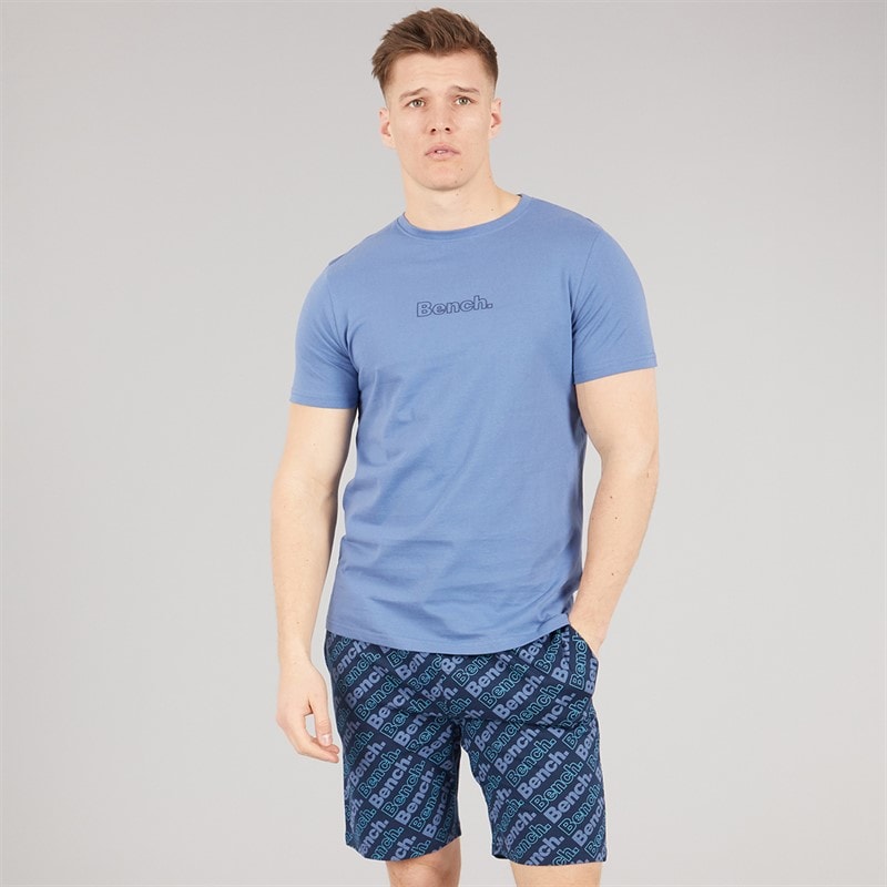 Bench Mens Holney T-Shirt And Shorts Loungewear Set Denim/Navy AOP - Image 1