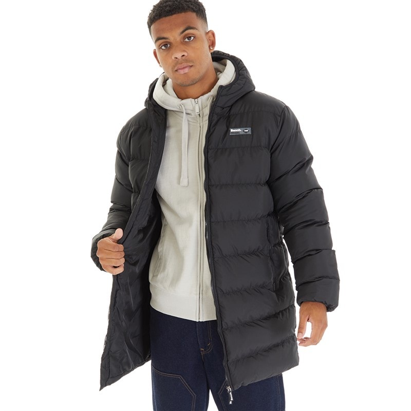 Bench Mens Armann Long Hooded Padded Jacket Black