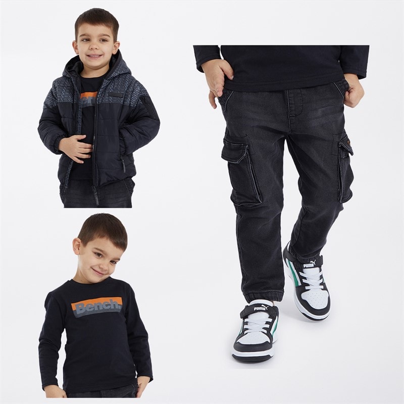 Bench Boys Puffer Coat Long Sleeve T-Shirt And Jeans Set Black