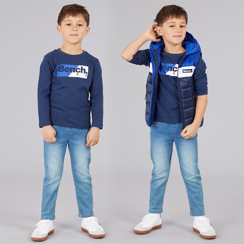 Bench Boys Puffer Gilet T-Shirt And Jeans Set Blue