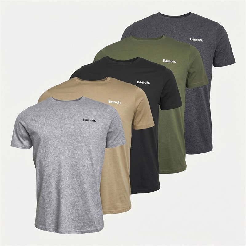 Bench Mens Nosti Five Pack T-Shirts Black/Khaki/Grey Marl/Dark Stone/Charcoal Marl