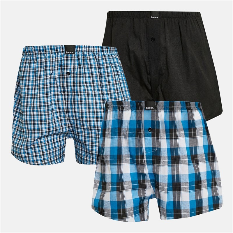 Bench Mens Anujan Three Pack Woven Boxer Shorts Black/White And Blue Check/Black/Black/White And Blue Check - Image 1