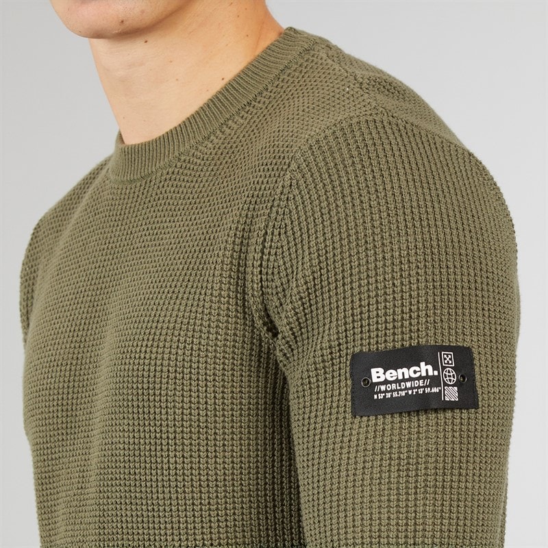 Bench Mens Falum Waffle Stitch Crew Neck Sweatshirt Khaki Green - Image 3