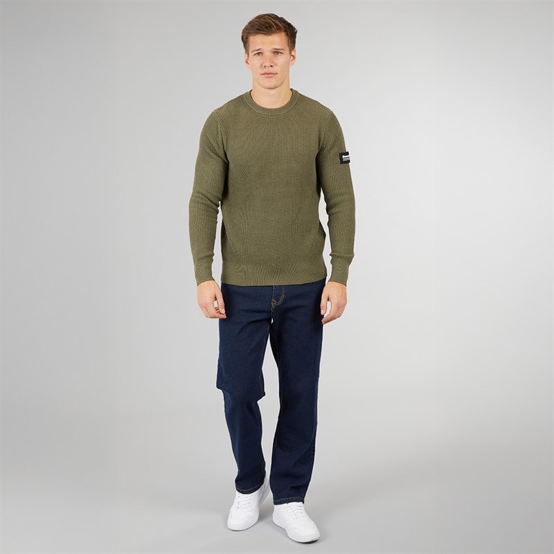 Bench Mens Falum Waffle Stitch Crew Neck Sweatshirt Khaki Green - Image 4