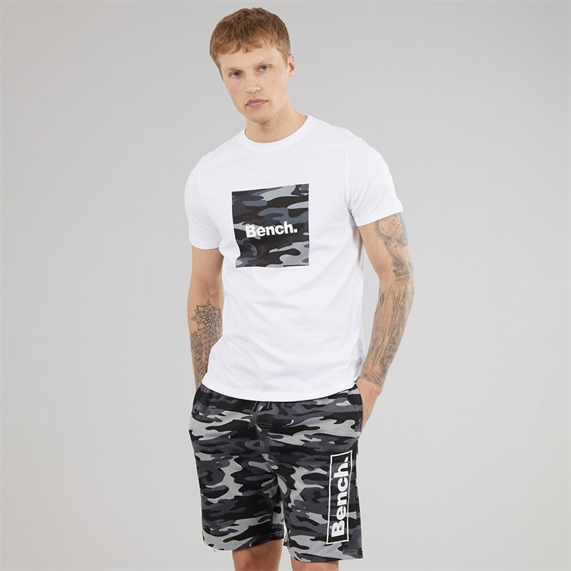 Bench Mens Nuada T-Shirt And Shorts Loungewear Set White/Black Camo Aop