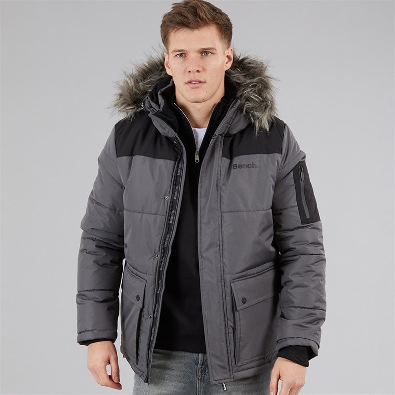 Bench Mens Tillor Padded Parka Jacket Dark Grey
