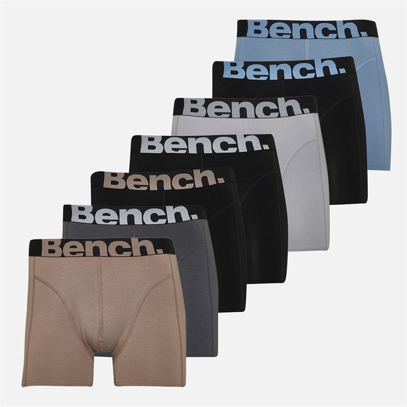 Bench Mens Seven Pack Jacquard Waistband Bamboo Boxer Shorts Black/Frost Grey/Black/Steel Blue/Black/Taupe/Dark Grey