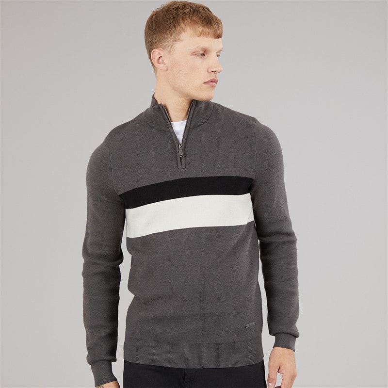 Bench Mens Zabian 1/4 Zip Funnel Neck Knit Jumper Dark Grey Dk Grey - Image 3