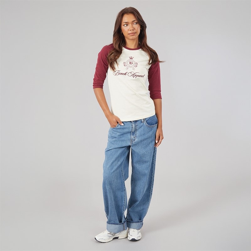Bench Womens Diah 3/4 Sleeve T-Shirt With Crest Graphic Winter White/Cordovan - Image 3