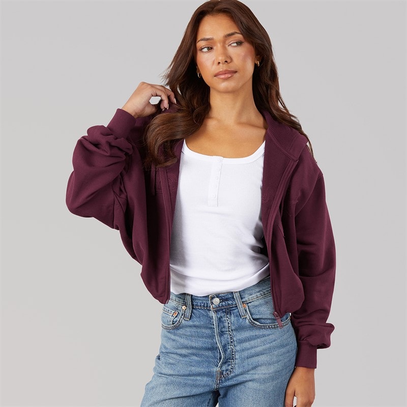 Bench Womens Poppi Puff Sleeve Zip Thru Hoodie Cherry Lacquer - Image 3