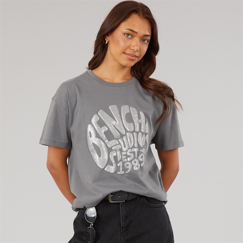 Bench Womens Jana Boxy T-Shirt With Glitter Graphic Charcoal - Image 1