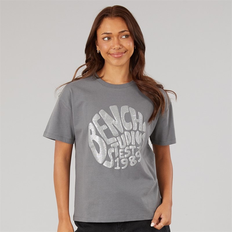 Bench Womens Jana Boxy T-Shirt With Glitter Graphic Charcoal - Image 3