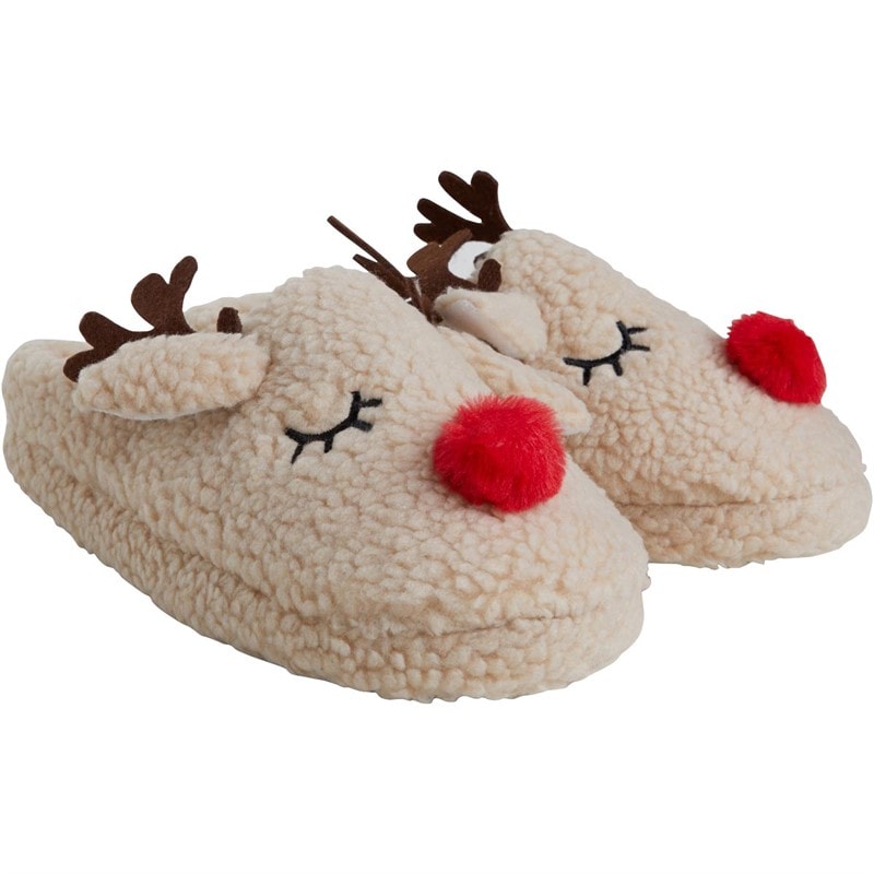 Fluid Womens Christmas Reindeer Slippers Ecru - Image 1