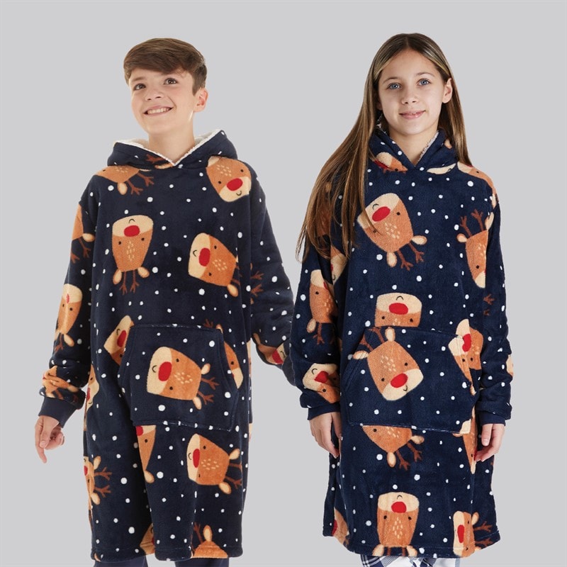 Fluid Kids Christmas Reindeer AOP Oversized Blanket Hoodie Multi - Image 1