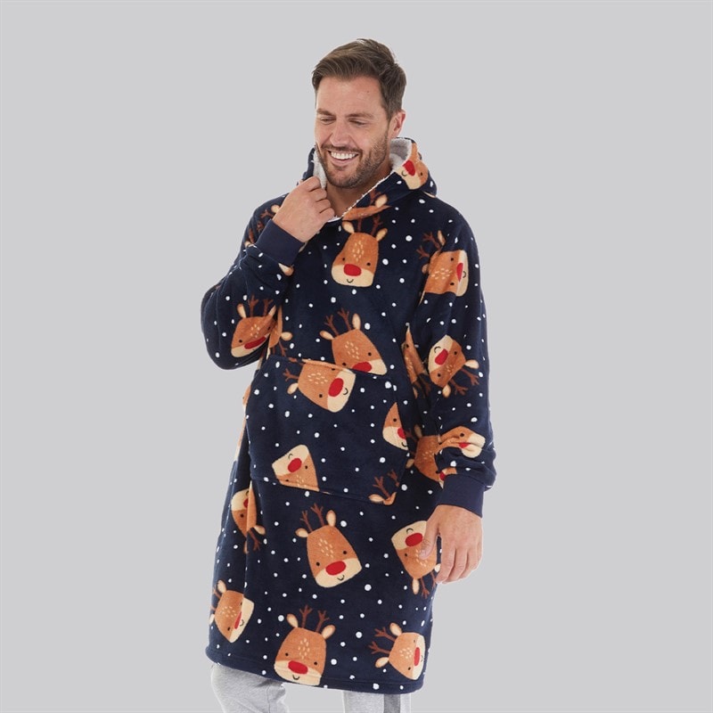 Fluid Mens Christmas Reindeer AOP Oversized Blanket Hoodie Multi - Image 1