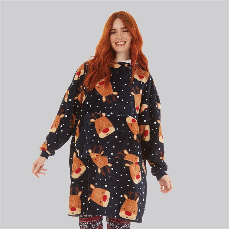 Fluid Womens Christmas Reindeer AOP Oversized Blanket Hoodie Multi - Image 1