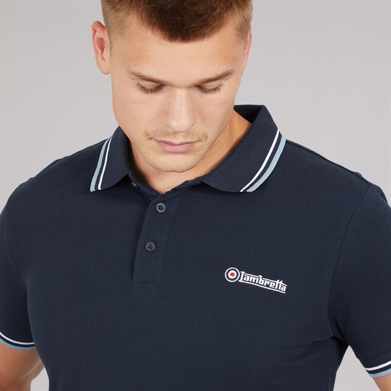 Lambretta Mens Twin Tipped Polo Shirt Navy White/Sky - Image 3