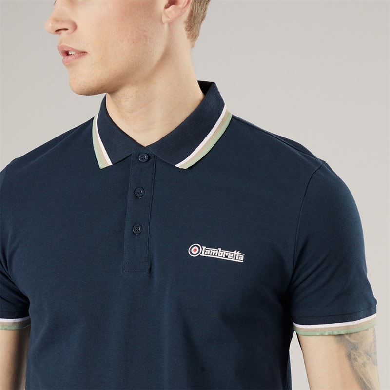 Lambretta Mens Triple Tipped Polo Shirt Navy Navy White/Stone/Basil - Image 3