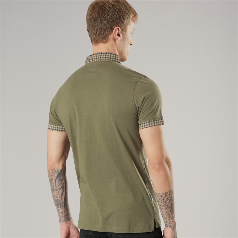 Lambretta Mens Gingham Collar Polo Shirt Khaki - Image 2