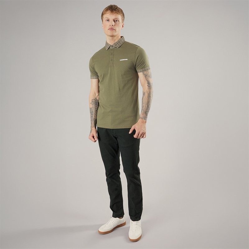 Lambretta Mens Gingham Collar Polo Shirt Khaki - Image 3