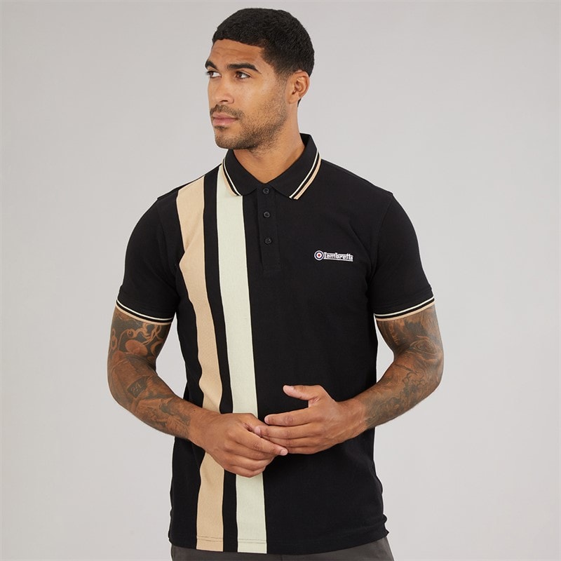 Lambretta Mens Vertical Stripe Polo Shirt Black/Nomad - Image 1