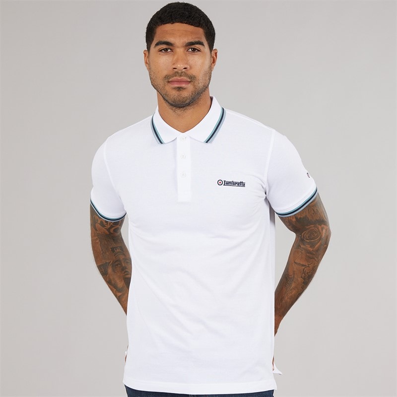Lambretta Mens Triple Tipped Polo Shirt White Cameo/Navy/Sky