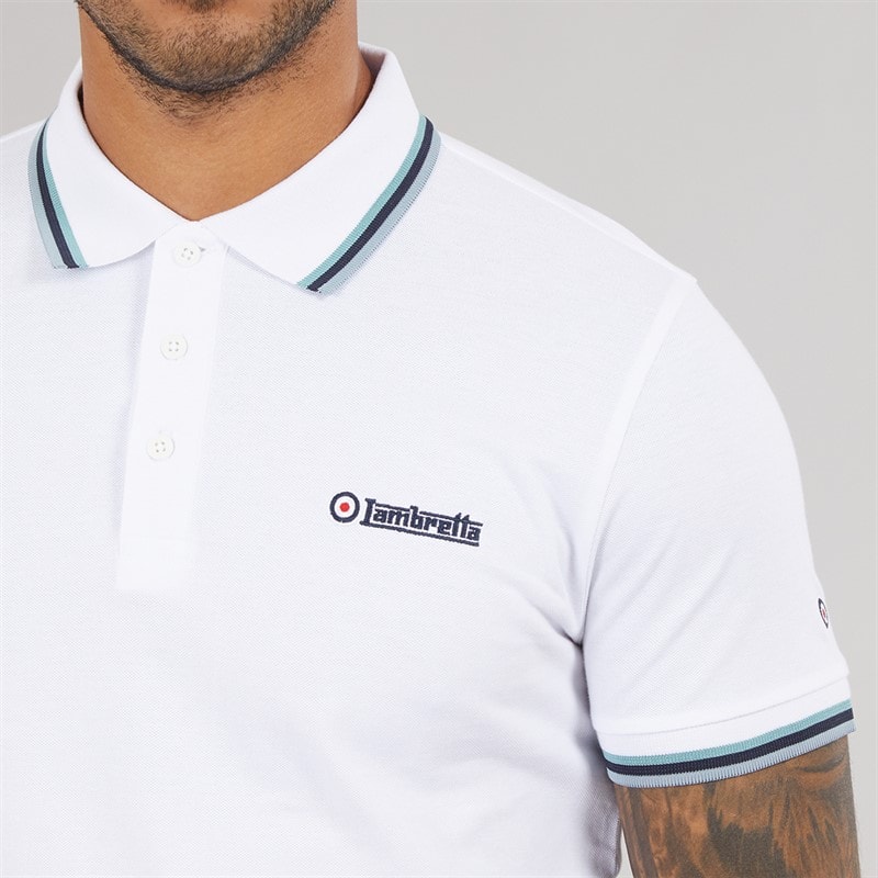 Lambretta Mens Triple Tipped Polo Shirt White Cameo/Navy/Sky - Image 3