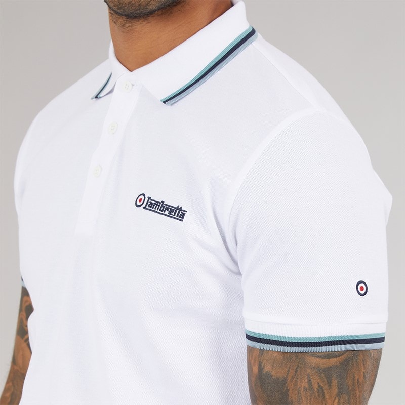 Lambretta Mens Triple Tipped Polo Shirt White Cameo/Navy/Sky - Image 5