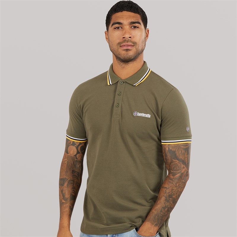 Lambretta Mens Triple Tipped Polo Shirt Khaki White/Navy/Gold