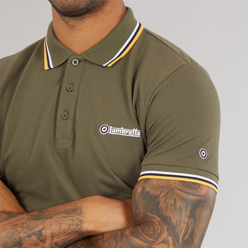 Lambretta Mens Triple Tipped Polo Shirt Khaki White/Navy/Gold - Image 3