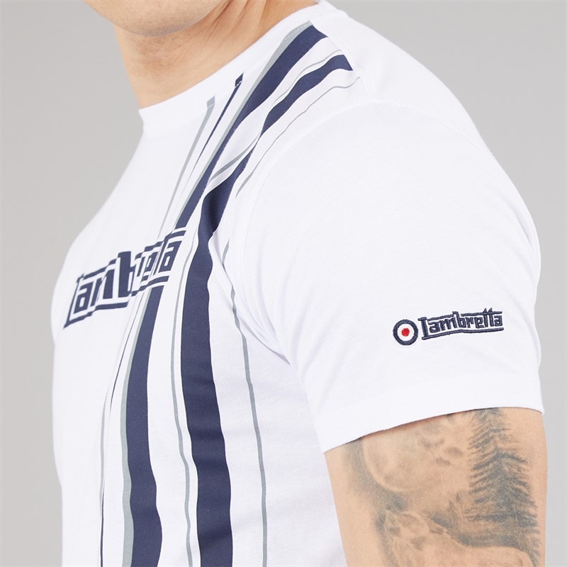 Lambretta Mens Racing Stripe T-Shirt White/Navy/Grey - Image 3