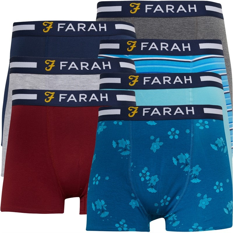 Farah Mens Gezra Seven Pack Boxers Navy/Stripes/Grey Marl/Light Teal/Burgundy