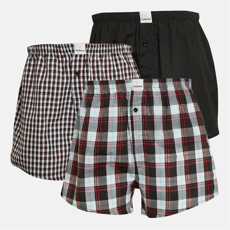 Farah Mens Cowan Three Pack Woven Boxer Shorts White/Black/Red Micro Check/Black/White/Black/Red Check - Image 1