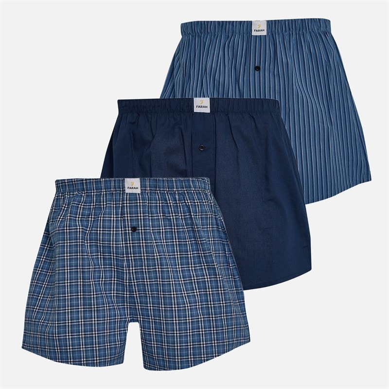 Farah Mens Mofty Three Pack Woven Boxer Shorts Navy Blue White Check/Navy/Navy Blue White Stripe - Image 1